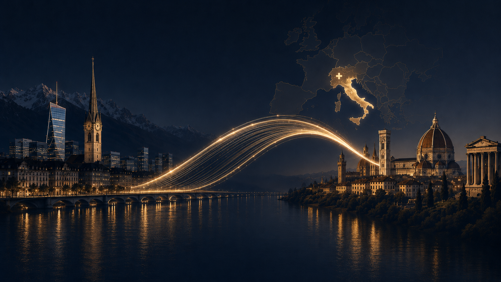 Night skylines of Zurich and Florence linked by an arc of golden light